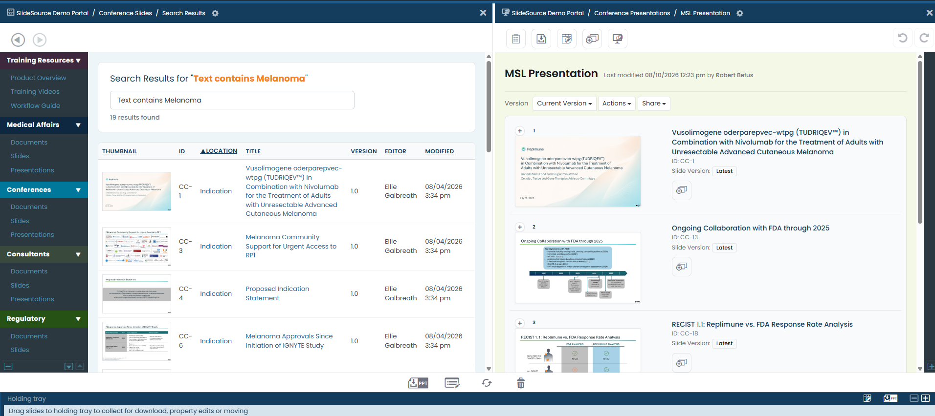Searchable approved slide pool for MSLs
